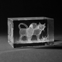 3D Laserglas. 3D Hund und Katze in Kristall Glas gelasert