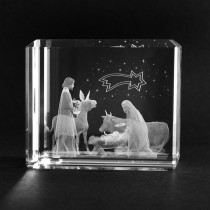 3D Weihnachtsmotiv. Krippe Heilige Familie in Kristall Glas