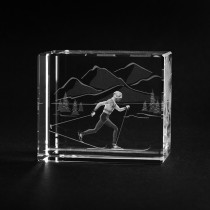 3D Glas Lasergravur. Sport Motiv Skilangläufer