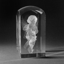 3D Engel mit Harfe in Kristallglas. Runder Award aus Glas