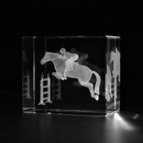 3D Springreiter in Kristallglas gelasert. 3D Crystal Glas Motive Pokale Sport