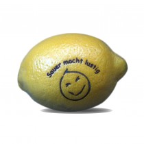 Logo Obst. Zitrone mit Logo graviert. Lasergavur auf Zitrusfrüchte